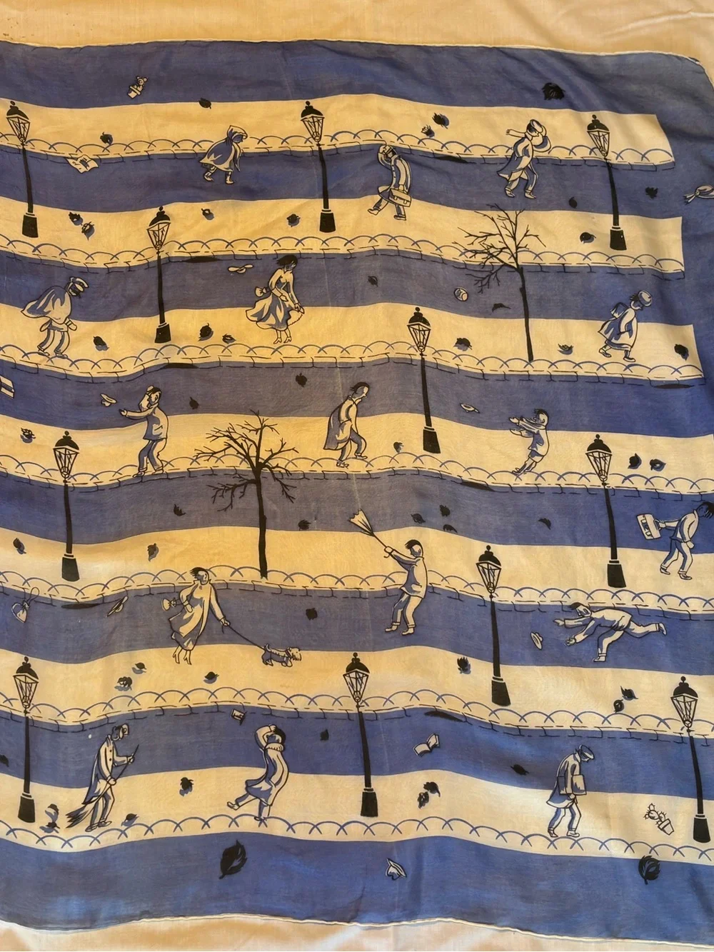 Vintage Silk Scarf Amazing Novelty Print People Fighting The Wind 32 X 33”